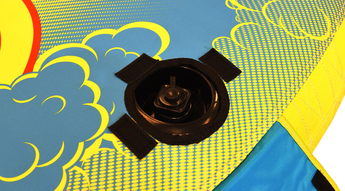 Detail of Super Fun 3 inflation valve set in blue and yellow cloud pattern.