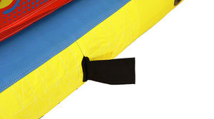 Close-up of Super Fun 2 black tow strap against yellow and blue stitched panel.