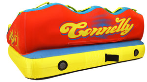 Rear view of Super Fun 3 towable tube with large Connelly logo on red backrest.