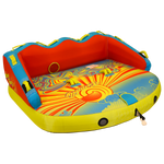 Angled front view of Super Fun 3 towable tube showing curved red backrest and logo.