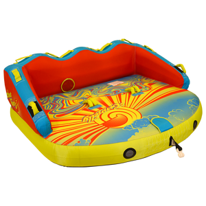 Angled front view of Super Fun 3 towable tube showing curved red backrest and logo.