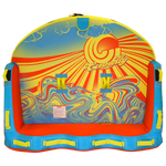 Top view of Super Fun 3 towable tube with yellow, blue, and red sunburst swirl design.