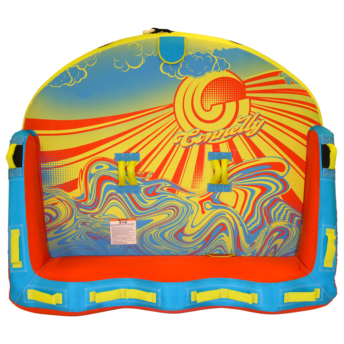 Top view of Super Fun 3 towable tube with yellow, blue, and red sunburst swirl design.