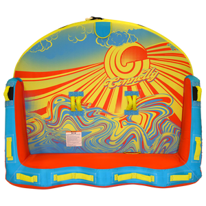 Top view of Super Fun 3 towable tube with yellow, blue, and red sunburst swirl design.