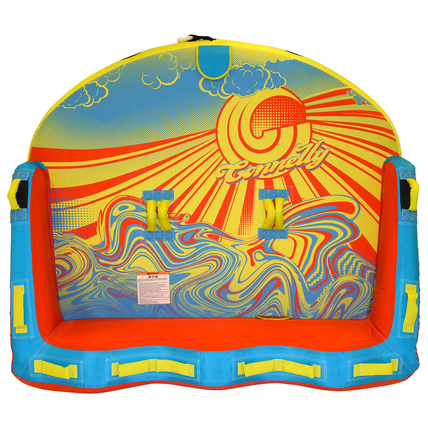 Top view of Super Fun 3 towable tube with yellow, blue, and red sunburst swirl design.