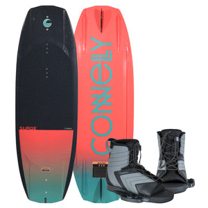 Top and bottom view of Surge 125 wakeboard in coral and teal gradient with gray and black Optima bindings.