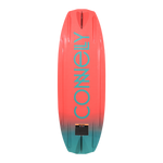 Bottom view of the Surge wakeboard with teal Connelly logo on coral-to-teal gradient.