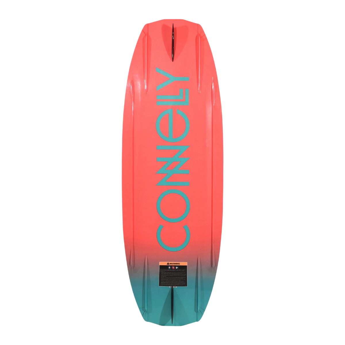 Bottom view of the Surge wakeboard with teal Connelly logo on coral-to-teal gradient.