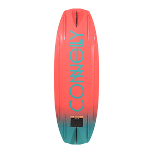 Bottom view of the Surge wakeboard with teal Connelly logo on coral-to-teal gradient.