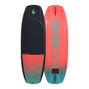 Front and back views of the Surge wakeboard with maze pattern and gradient logo design.