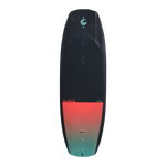 Top view of the Surge wakeboard with black maze pattern and red-to-teal gradient base.