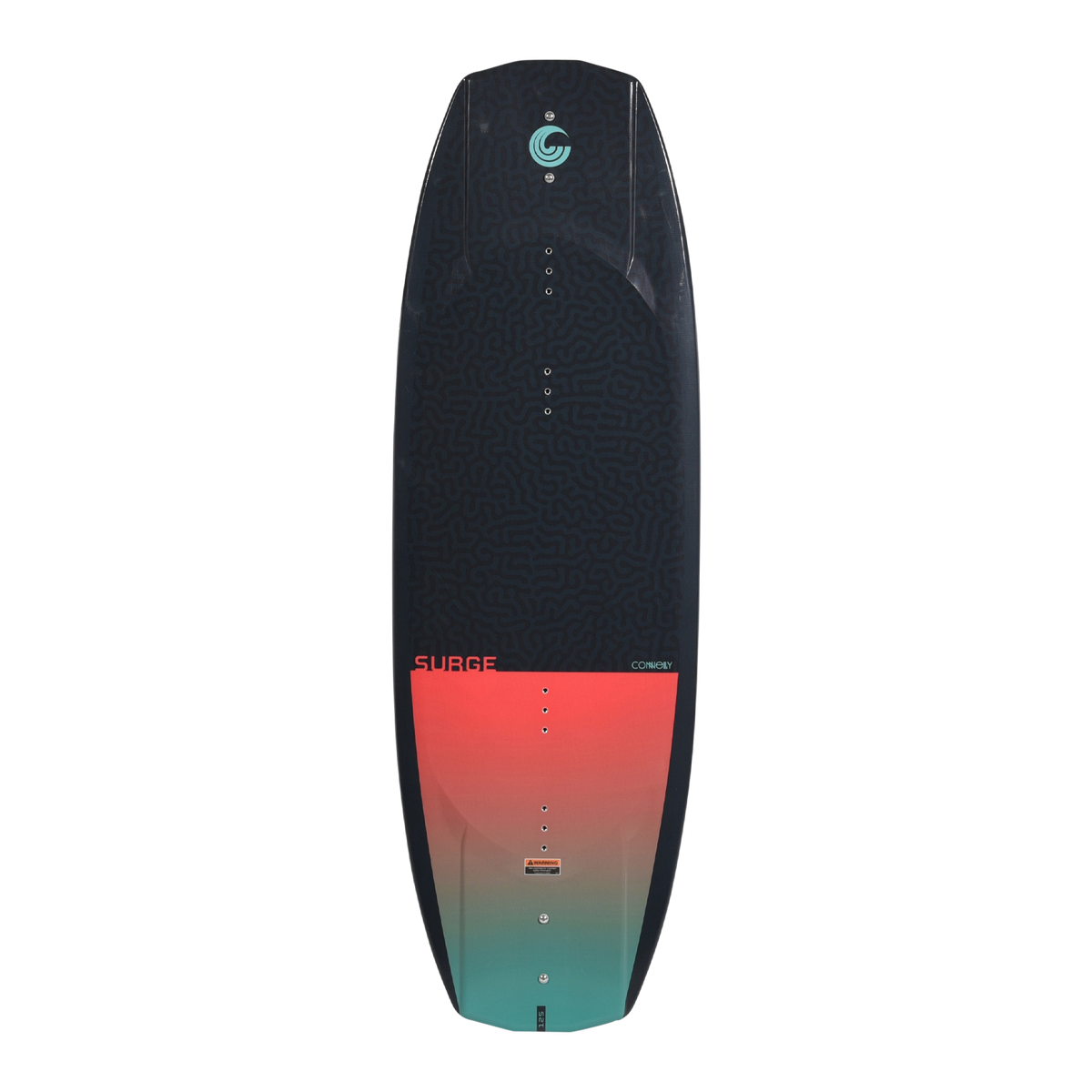 Top view of the Surge wakeboard with black maze pattern and red-to-teal gradient base.