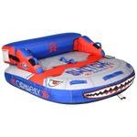 Angled front view of Switch 2 tube with shark mouth graphic and backrest.