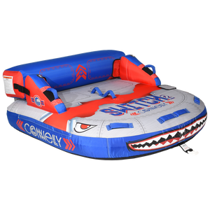 Angled front view of Switch 2 tube with shark mouth graphic and backrest.