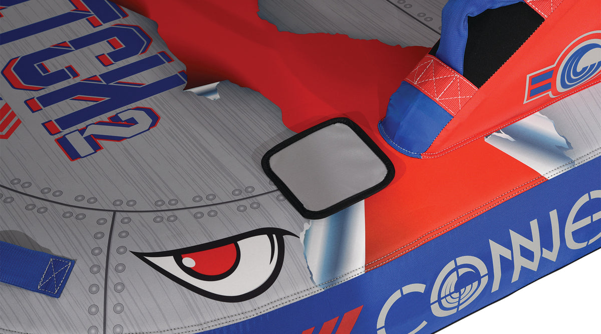 Close-up of Switch 2 surface showing eye graphic and stitched details.
