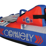 Detail view of Switch 2 logo and handle grips on red and gray surface.