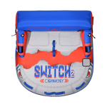 Top view of Switch 2 towable tube showing red, blue, and gray design with handle grips.