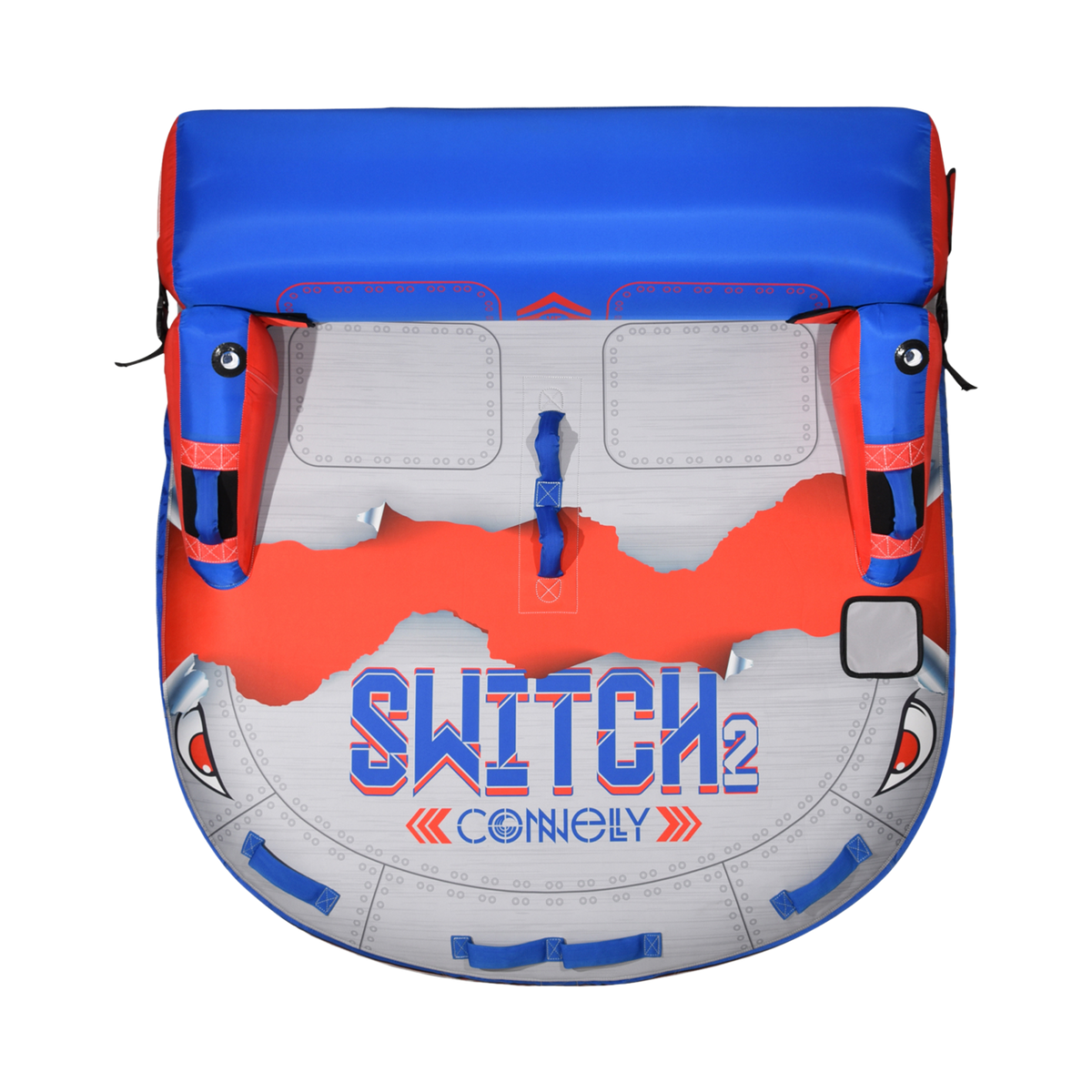 Top view of Switch 2 towable tube showing red, blue, and gray design with handle grips.
