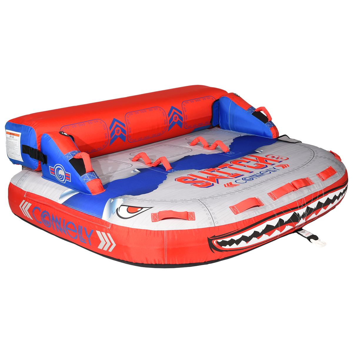 Angled front view of Switch 3 tube with shark mouth graphic and backrest.