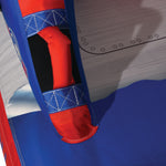 Close-up of Switch 3 handle grip and stitched blue and red material.