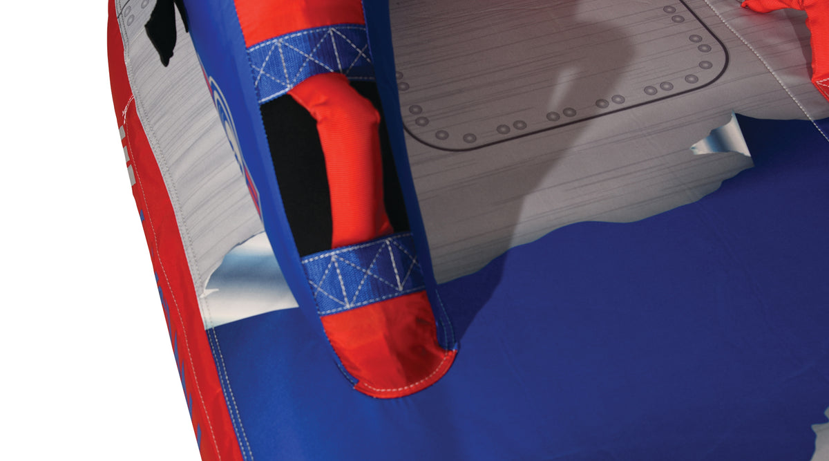 Close-up of Switch 3 handle grip and stitched blue and red material.