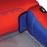 Detail of Switch 3 backrest and red fabric with blue printed accents.