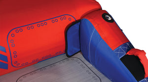 Detail of Switch 3 backrest and red fabric with blue printed accents.