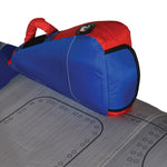 Detail of Switch 3 armrest showing blue and red design with valve cap.
