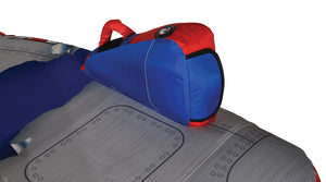 Detail of Switch 3 armrest showing blue and red design with valve cap.