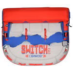 Top view of Switch 3 towable tube showing red, blue, and gray design with handle grips.