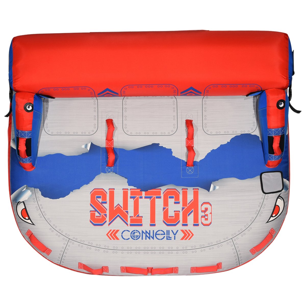 Top view of Switch 3 towable tube showing red, blue, and gray design with handle grips.