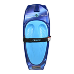 Top view of the Theory kneeboard with light blue pad, black strap, and logo graphic.