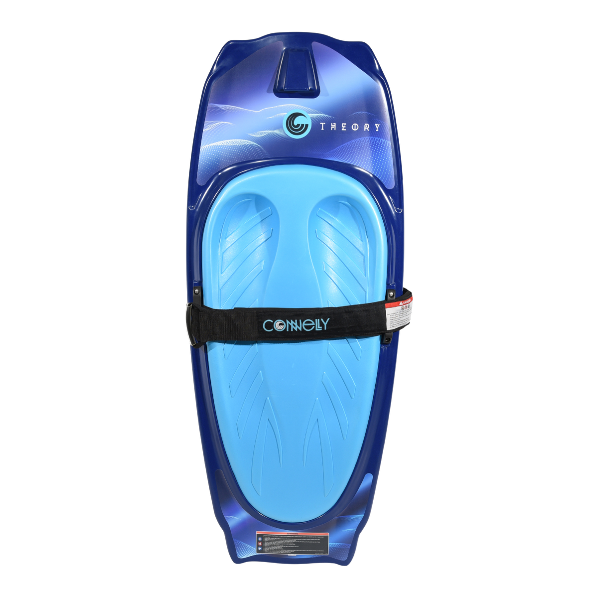 Top view of the Theory kneeboard with light blue pad, black strap, and logo graphic.