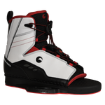 Angled view of Venza binding showing white, black, and red design with open toe.