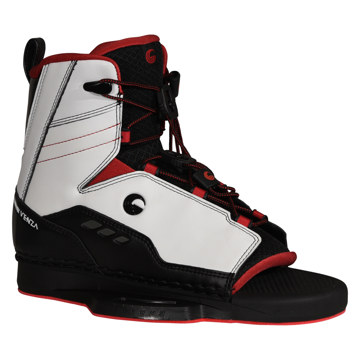 Angled view of Venza binding showing white, black, and red design with open toe.