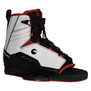 Angled view of Venza binding showing white, black, and red design with open toe.