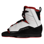 Side view of Venza binding with white panels, black base, and red accents.