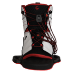 Front view of Venza binding with red laces and open toe footbed.
