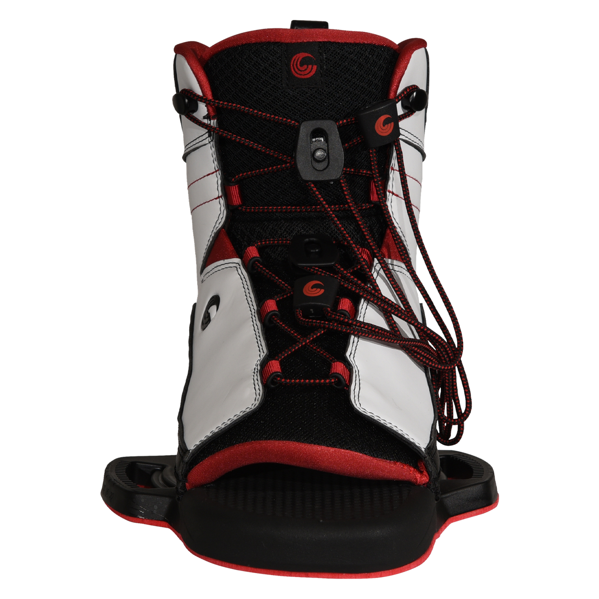 Front view of Venza binding with red laces and open toe footbed.