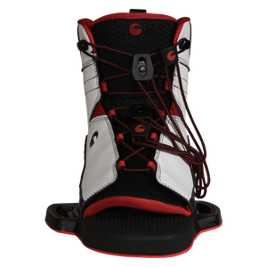 Front view of Venza binding with red laces and open toe footbed.