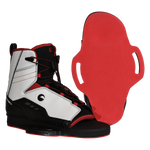 Angled side and base view of Venza binding showing red sole and footbed.