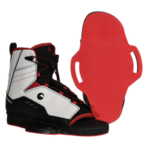 Angled side and base view of Venza binding showing red sole and footbed.