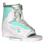 Angled view of Women's Optima binding showing teal and white color scheme.