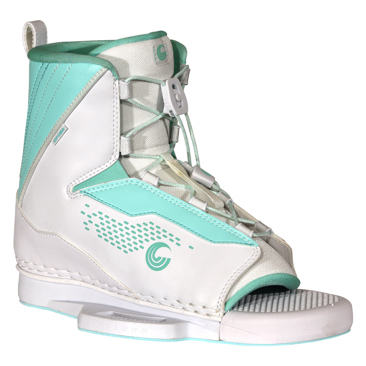 Angled view of Women's Optima binding showing teal and white color scheme.