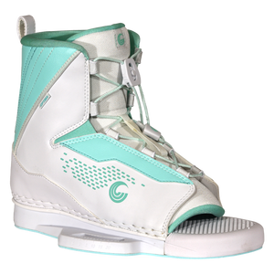 Angled view of Women's Optima binding showing teal and white color scheme.