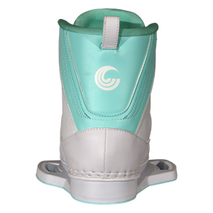 Rear view of Women's Optima binding with teal panel and white Connelly logo.