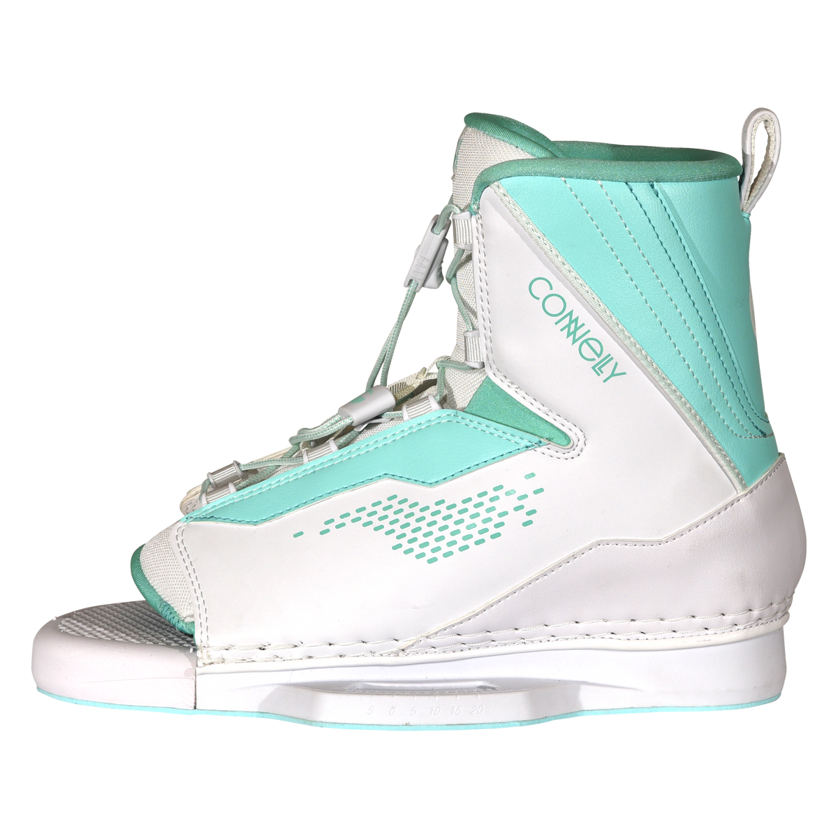 Side view of Women's Optima binding with teal accents and white panels.