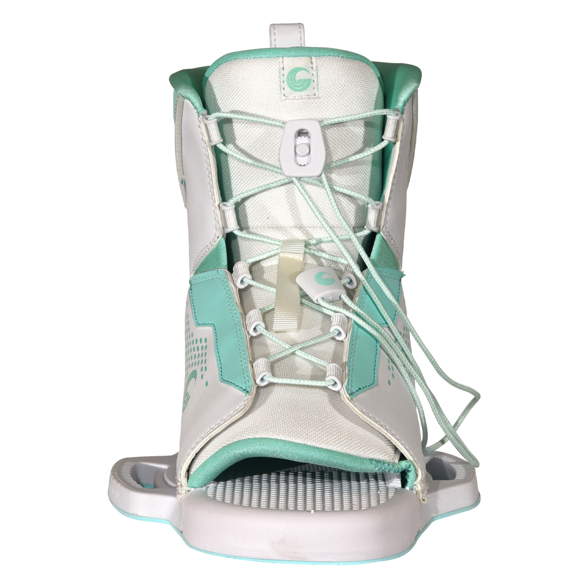 Front view of Women's Optima binding with teal laces and open toe footbed.