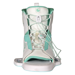 Front view of Women's Optima binding with teal laces and open toe footbed.