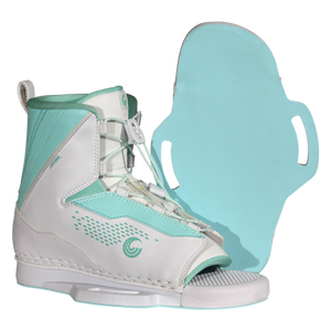 Angled side and base view of Women's Optima binding showing teal sole and matching footbed.